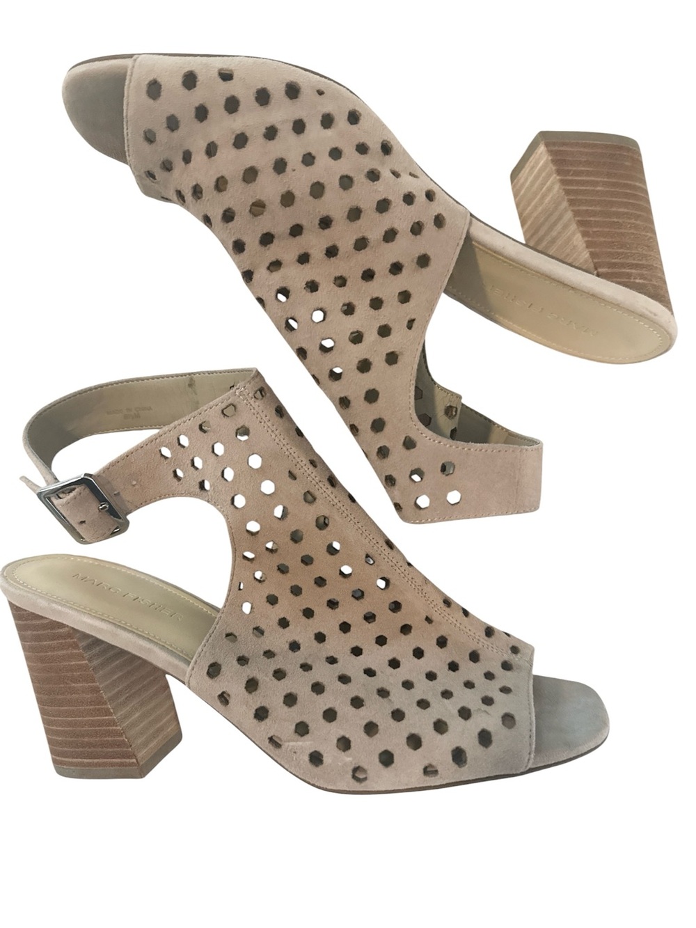 Marc Fisher Taupe Suede Perforated Block Heel Slingback Sandals Size 8.5